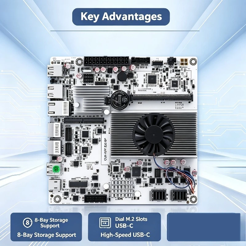 Mini ITX NAS Motherboard with N150/N355, DDR5 RAM, Dual M.2 NVMe, 10Gbps Ethernet, PCIe Expansion, 8-Bay SATA Array