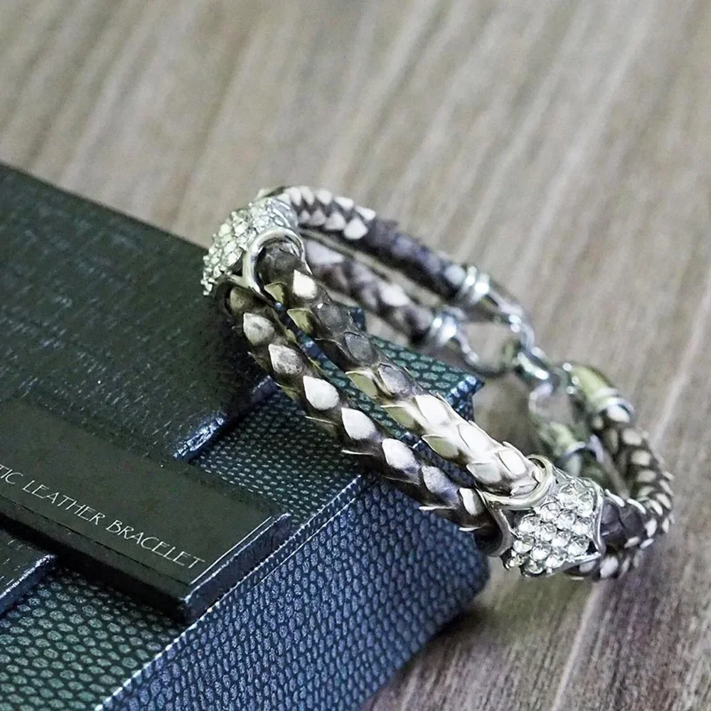Python Skin Leather Bangle Real Python Skin Leather With Steel CZ Bracelet