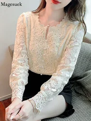 Petal Sleeve Sweet Lace Blouse O Neck Women Femme Blusas White Button Loose Top Hollow Out Flower Lace Patchwork Shirt 19234