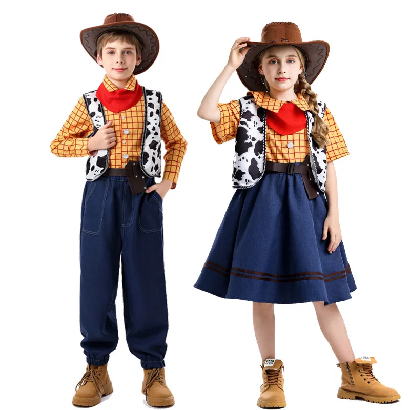 

Kids Halloween Toy Story Cosplay Costumes Cowboy Checkered Shirt Cowboy Hat Square Scarf Outfits Party Role Playing Sets