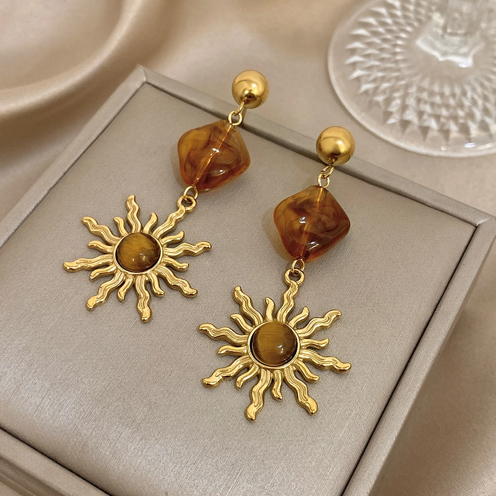 Flashbuy Neue Mode Bernstein Perlen Sonne Anhänger Edelstahl Tropfen Ohrringe Für Frauen Erklärung Schmuck Täglichen Party Tragen Geschenk