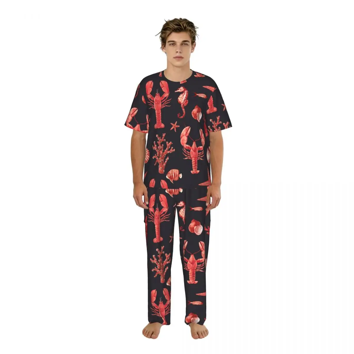 

Men's Casual Pajamas Sets Short Sleeve and Pants Sets Male Sleepwear Watercolor Lobsters Starfish Corals Home Clothes