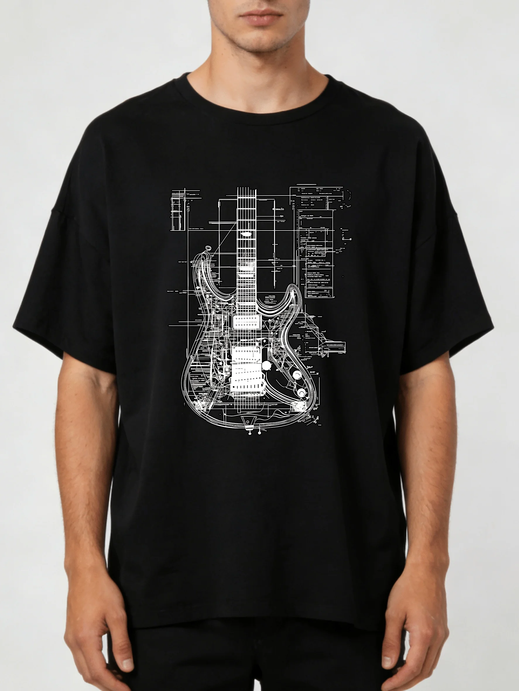 2026 Men'S Retro Blue Electric Guitar Diagram T-Shirt - Black Tee for Music Lovers Featuring a Technical Blueprint Design - Casu