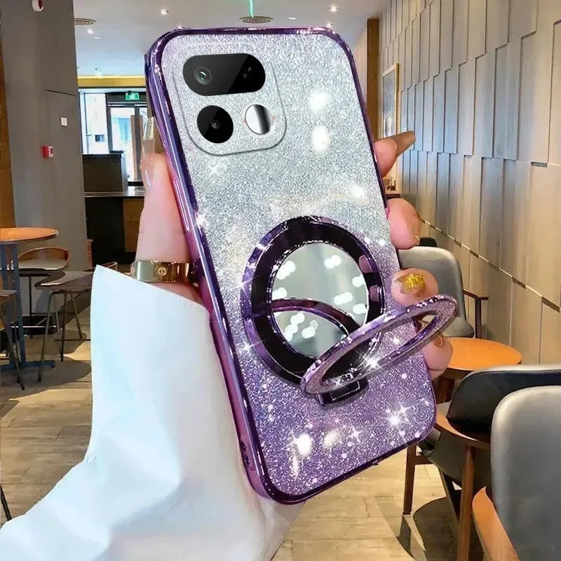 Skinlee Phone Case For Realme 16T Pro Plus 5G Mirror Luxury Plating Magnetic Stand Glitter Case For Realme 16T Pro Plus 5G Cover
