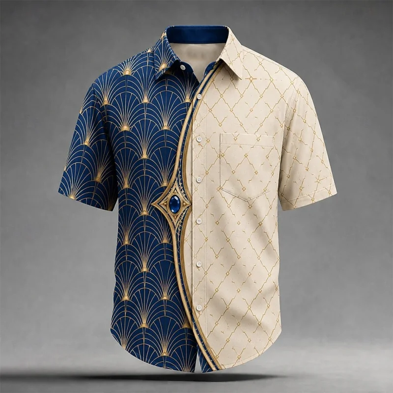 2026 New Men's Shirt Vacation Style Asymmetric Splicing Printed Short Sleeve Shirt Trendy Retro Collar Cardigan Men's Wear