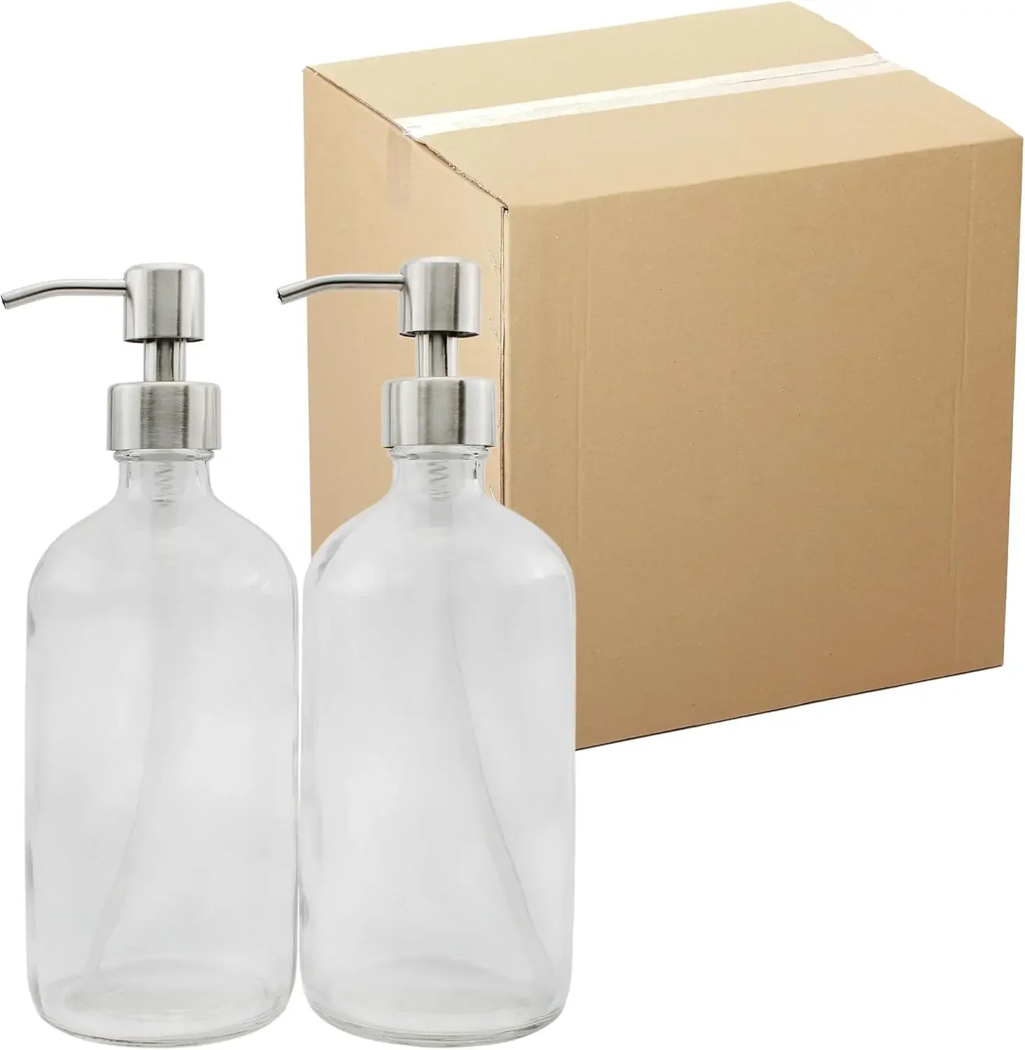 

16-Ounce Clear Glass Bottles w/Stainless Steel Pumps (20 Pack), Soap Dispenser Great for Essential Oils, Lotions, Liquid Soaps