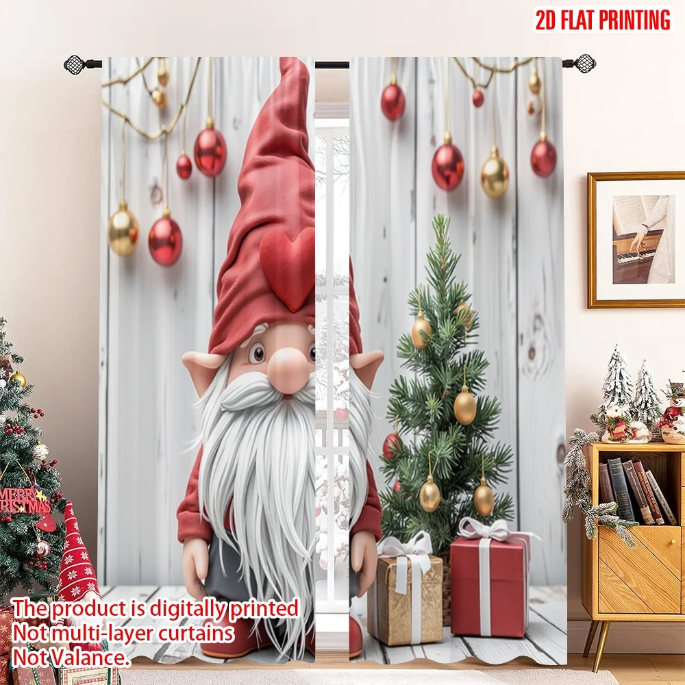 

2pcs 2D flat printing Merry Christmas Window Curtains Cute Christmas Gnome Holiday Polyester Without Electricity Festive Holiday