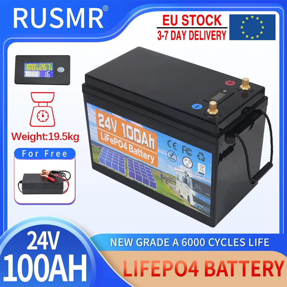 

24V 100Ah LiFePO4 Battery Built-in BMS Lithium Iron Phosphate Cells 6000 Cycles For RV Campers Golf Cart Solar Storage + Charger