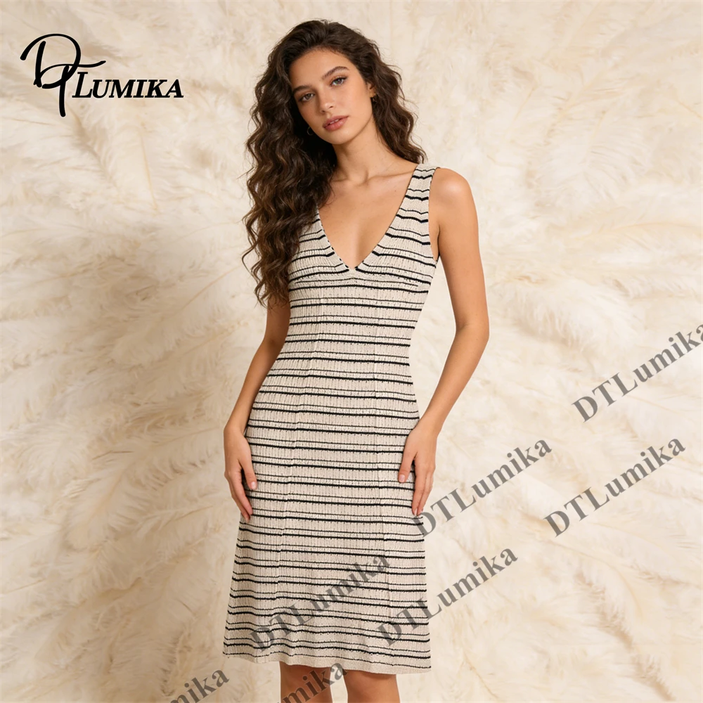 

Striped Knit Cami Midi Dress, V Neck Sleeveless Bodycon Dress for Summer Vacation Casual Resort Wear