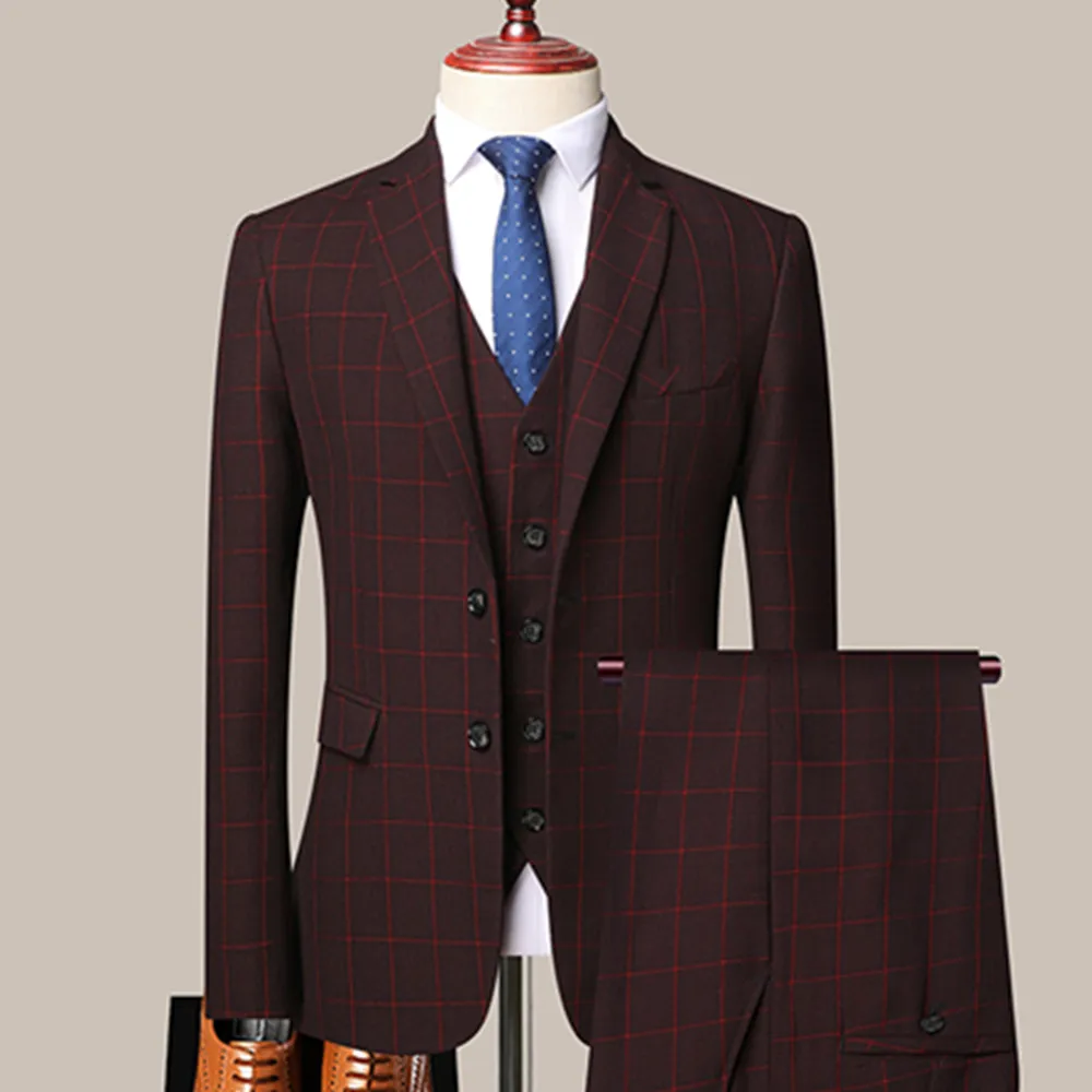 3 Pcs Blazers Pants Vest Set / 2023 New Men\'s Business Professional Classic Fashion Banquet Plaid Coat Waistcoat 2 Pcs Suits