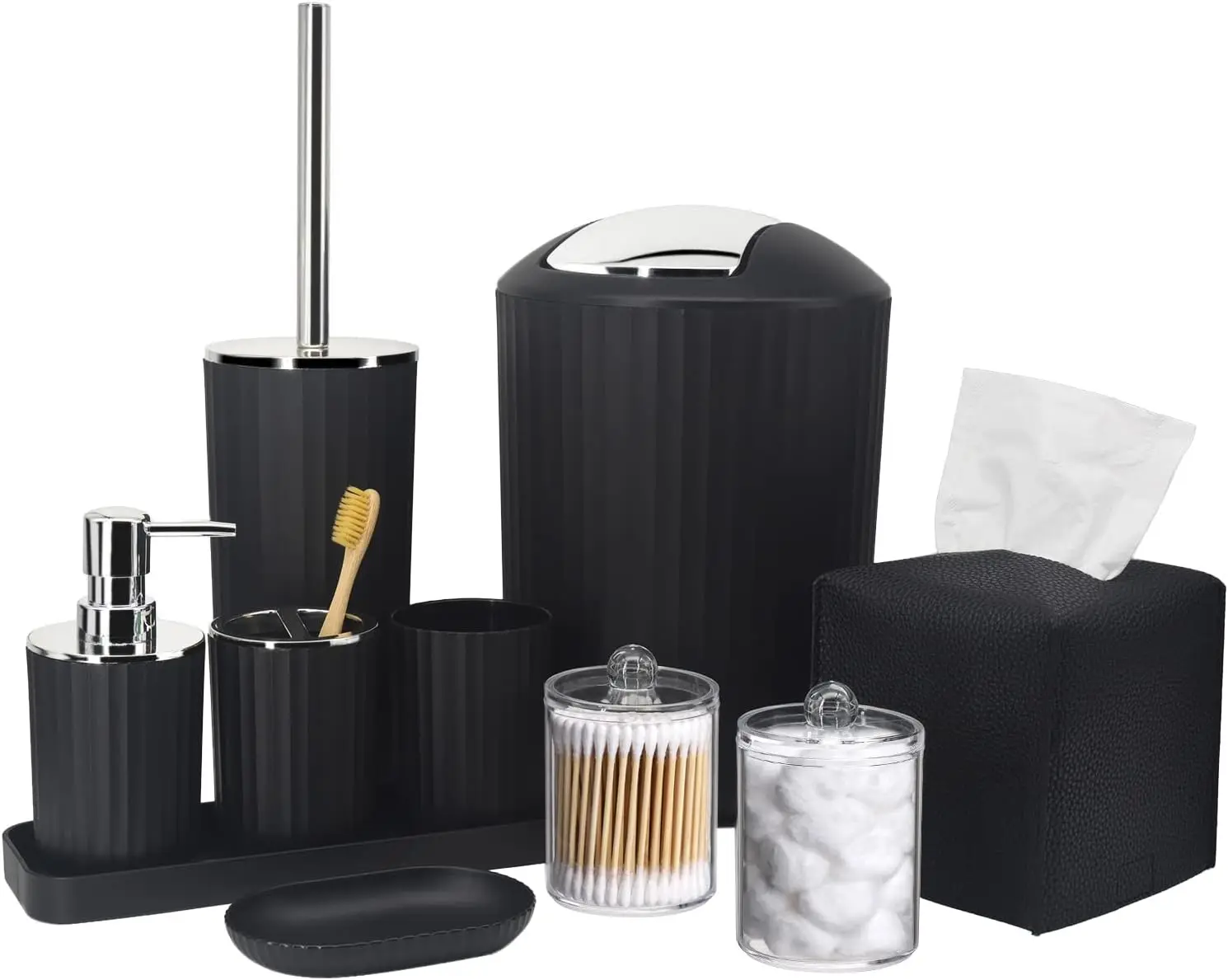 Bathroom Accessory Set - 10 Piece Black Bathroom Accessories Set with Trash Can, Toothbrush Holder and Cup, Soap Dispenser