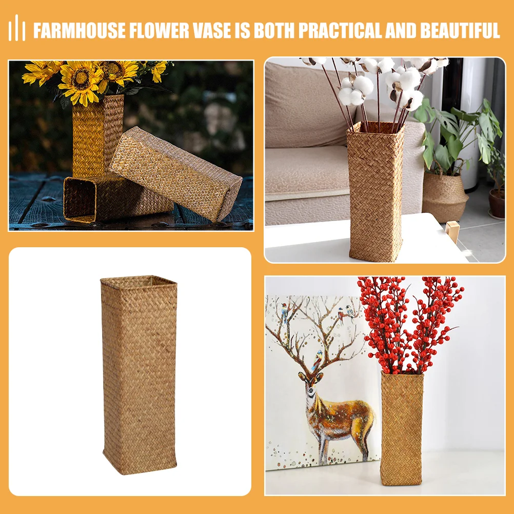 2 Pcs Vintage Vase Woven Flower Basket Hand-woven Holder Pots for Indoor Plants Tall Seaweed Long Tulips Vases