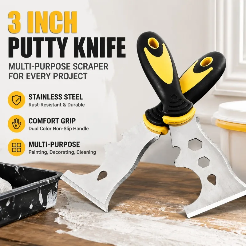 Multifunctional Stainless Steel Putty Knife 3‑inch Renovation Indispensable Hand Tool Dual‑tone Grip Plaster‑spreading Scraper
