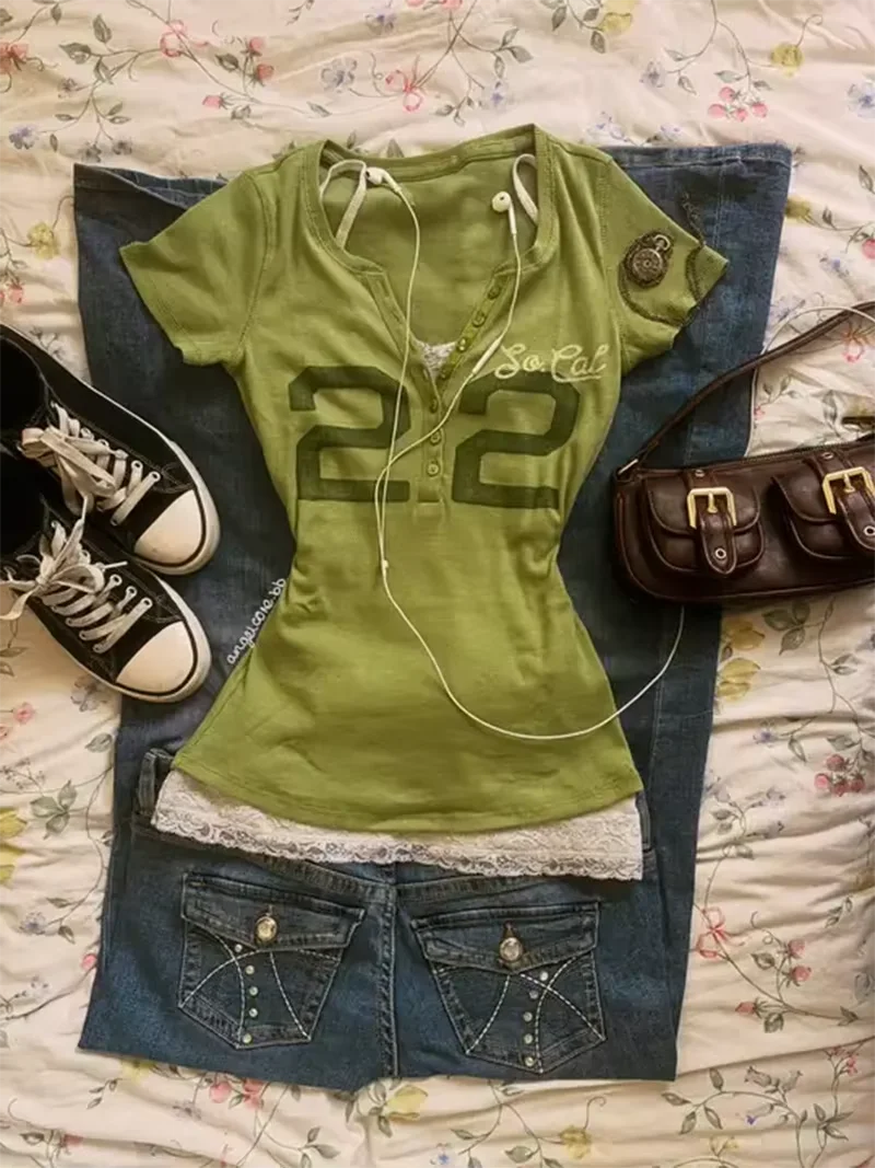 Vintage Y2K Damen Farbblock-Kurzarmshirts Crop Top Lässig Schmal Geschnitten Schick Faux Zweiteiler Frühling Sommer Gestreift Streetwear