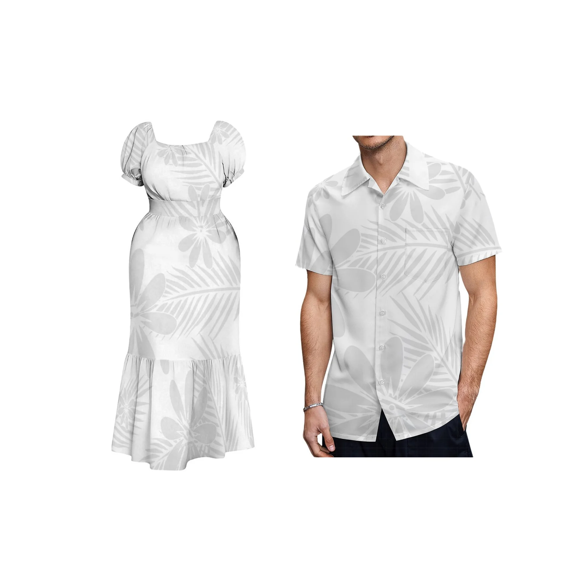 

Lady White Sunday Custom Party Dress Summer Beach Dress Samoa Polynesian Print Square Neck Lace-up Puff Short Sleeve Dress