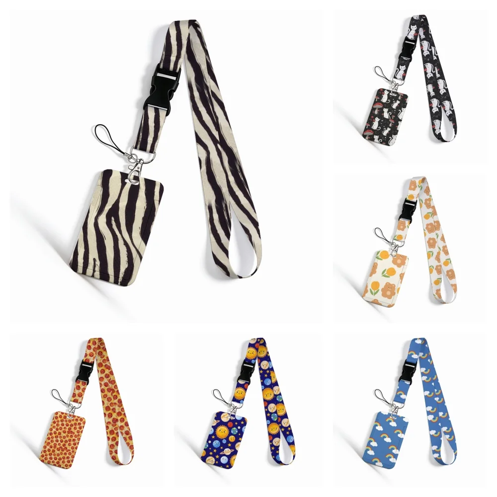 Cartoon Print ID Card Holder Lanyard Zebra Cat Bear Pizza Planet Rainbow Cloud Detachable Buckle Student Badge Neck Strap 261019