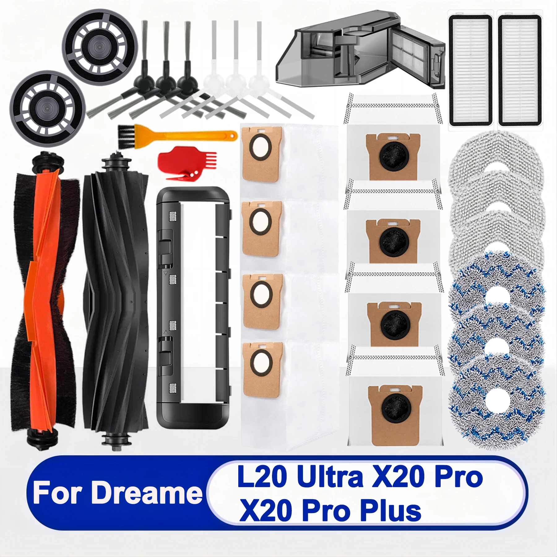 For Dreame Bot L20 Ultra，L30 Ultra，X20 Pro Spare Parts: Roller/ Main Side Brush， Mop Cloth，Hepa Filter，Dust Bag/ Box Accessories