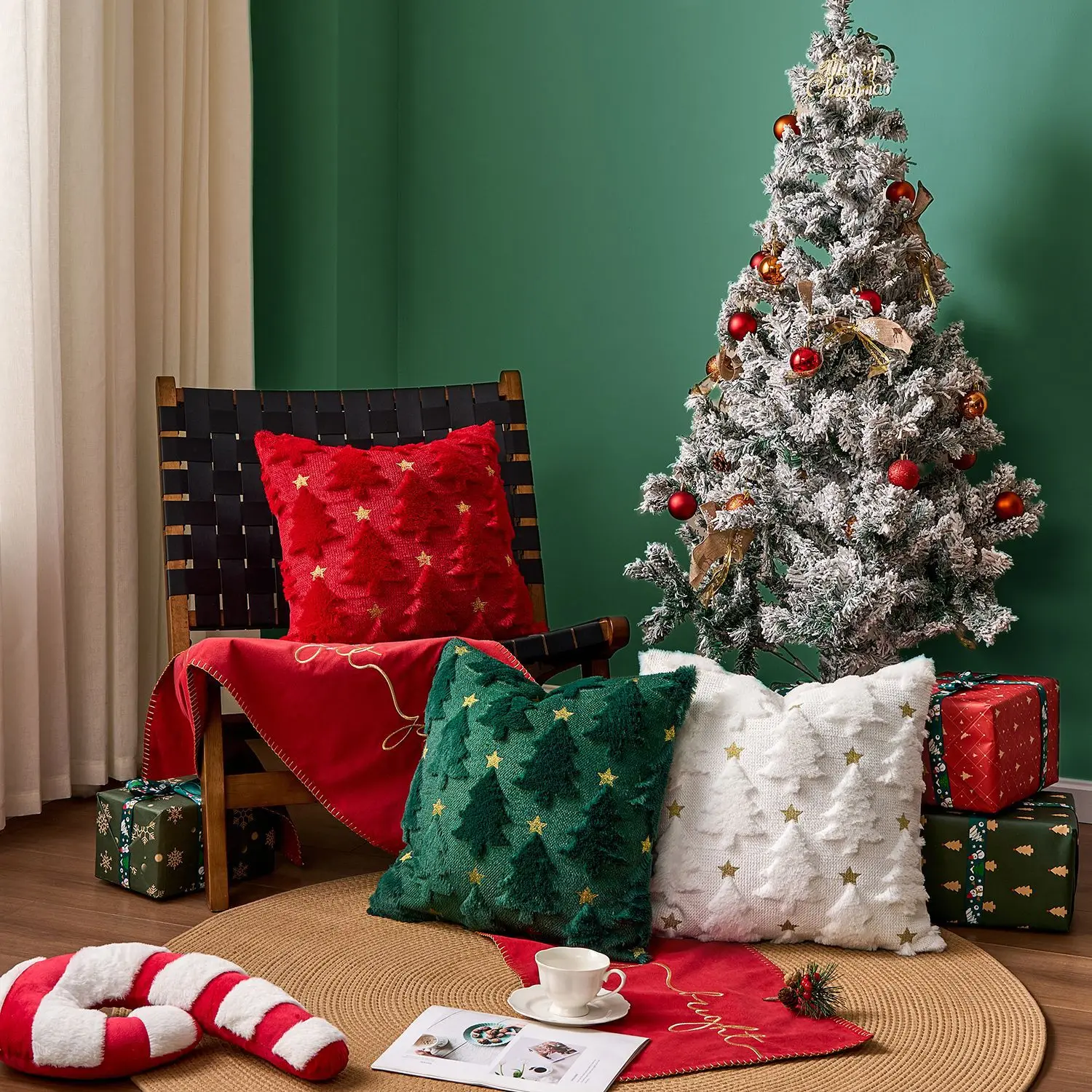 Plush Christmas Tree Cushion Cover Golden Star Embroidered Christmas Pillowcase New Year Festival Decorative Pillow Covers 45*45