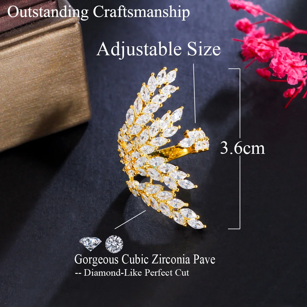 CWWZircons Leaf Shape Shiny Cubic Zircon White Gold Plated Women Big Open Adjustable Finger Ring Anillos for Party Jewelry R215