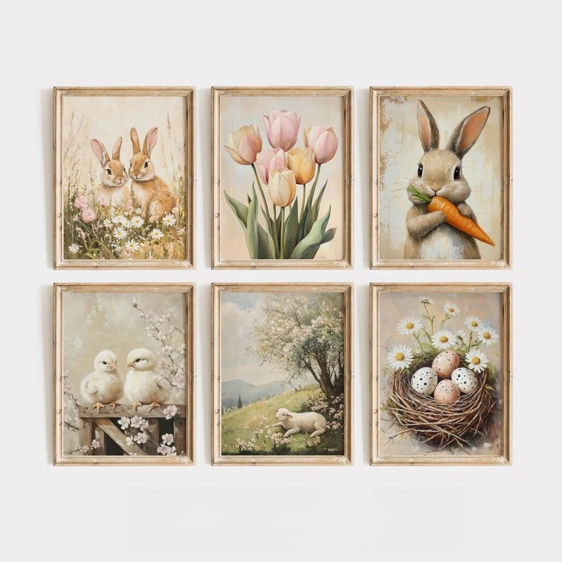(1 Stück rahmenlos) Osterhase, Vogel, Tier, Leinwandgemälde, neutrale Frühlingsblumen, Pflanzen, Bauernhaus-Wandkunst, Poster für modernes Zuhause