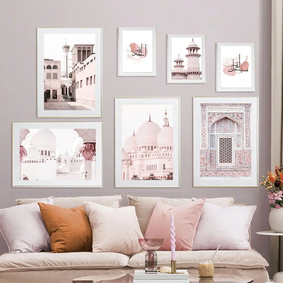 

Nordic Poster Islam Mosque Pink Building Moroccan Door Landscape Wall Art Print Canvas Painting Pictures For Living Room Decor