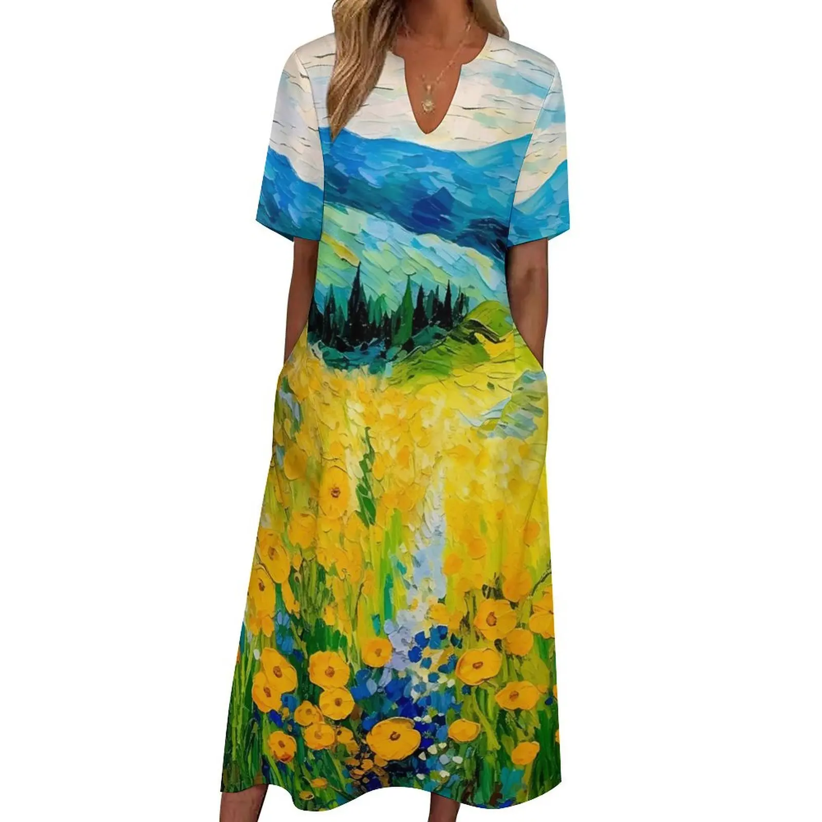 

Oil Painting Dress Summer Flowers Print Streetwear Boho Beach Long Dresses Ladies Custom Elegant Maxi Dress Large Size