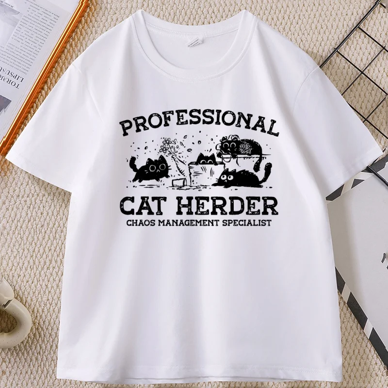 Professional Cat Herder T-shirt Funny Cotton Short Sleeve Cats Printed T-shirt Casual Round Neck Graphic T-shirts Men Women