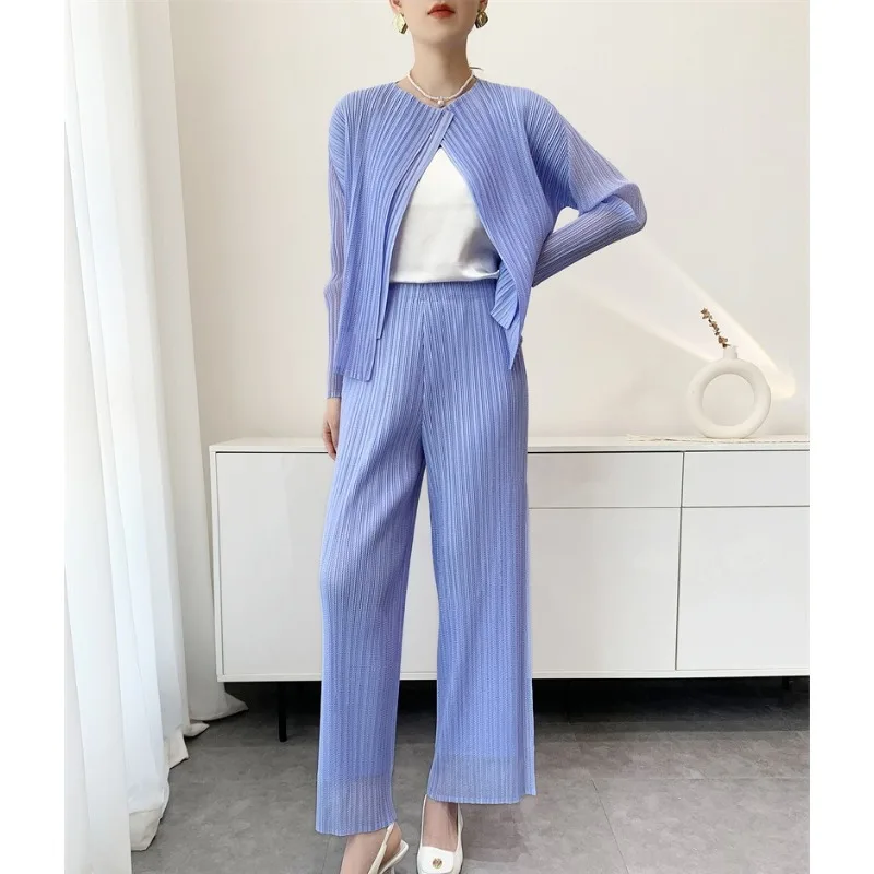 Miyake Pleated Cardigan 2026 Summer Pleated Long Sleeve Jacket Simple Mesh Double Layer Long Pants Women Casual Office Clothing
