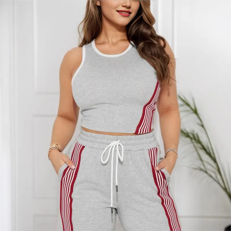 2 peça define feminino terno esportivo fino ajuste colete superior calças de perna larga listrado cintura elástica cordão calças esportivas agasalho