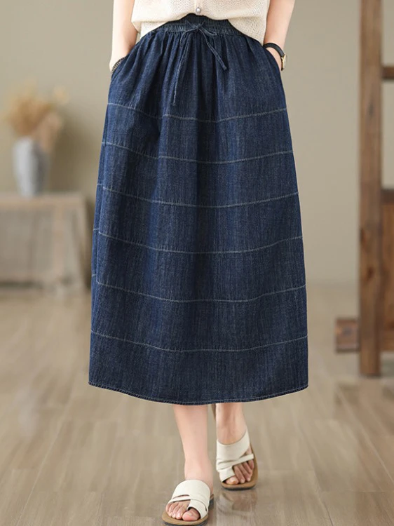 

Художественная повседневная универсальная джинсовая юбка-миди А-силуэта с пэчворком, больших размеров, женская, с широкой талией, стройнящая, летняя, средней длины