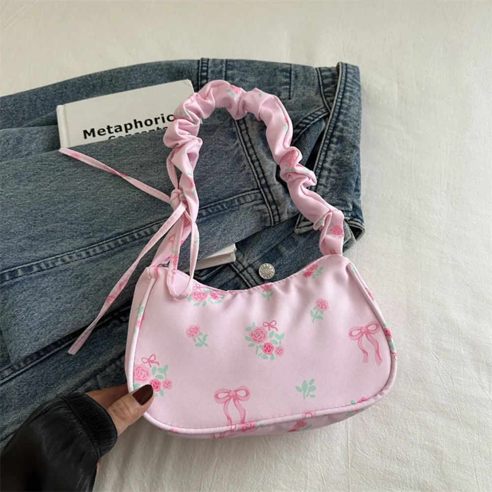 

Korean Style Ruched Flower Pleated Underarm Bag Sweet Handle Nylon Handbag Bowknot Trendy Floral Shoulder Bag Girls