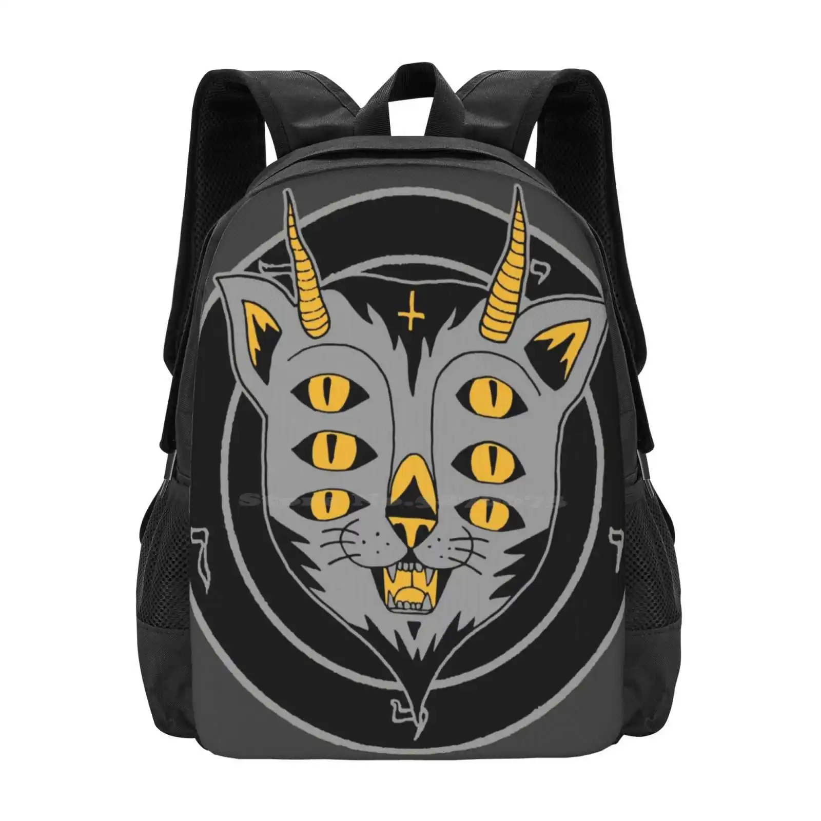 Six Eye Cat Pattern Design Bagpack School Bags Six Eye Eyes Cat Satanic Funny Cartoon Comics Miskel