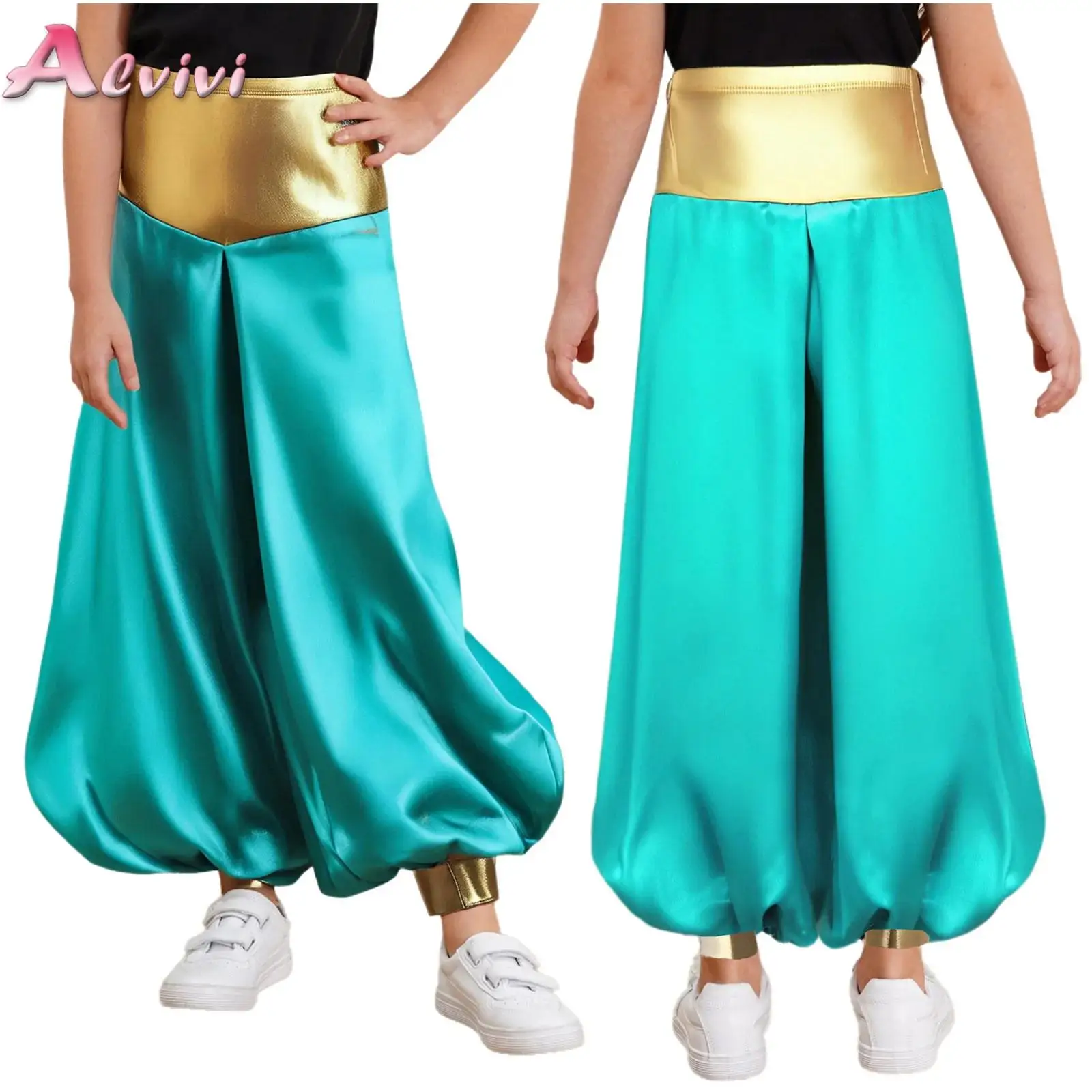 

Boys Arabian Prince Pants Costume Satin Dhoti Pants High Waist Loose Harem Baggy Bloomers Halloween Carnival Cosplay Trouses