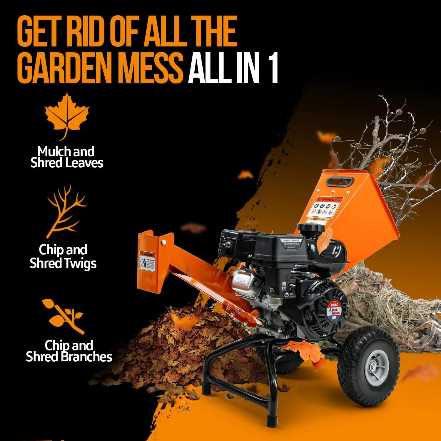 Madeira Chipper Shredder Mulcher, 7HP Motor, Heavy Duty, Design de Montagem do Rotor Compacto, 3 "Capacidade Máxima, Aids em Incêndio