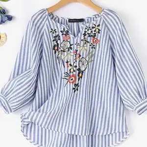 Blumenhalsbluse für Frauen, 3/4 -Ärmel, böhmisch gestreifte Tops, Casual Urlaubshemd, Modearbeit, Sommer Hauptverkäufe Blusen Blusen - №3