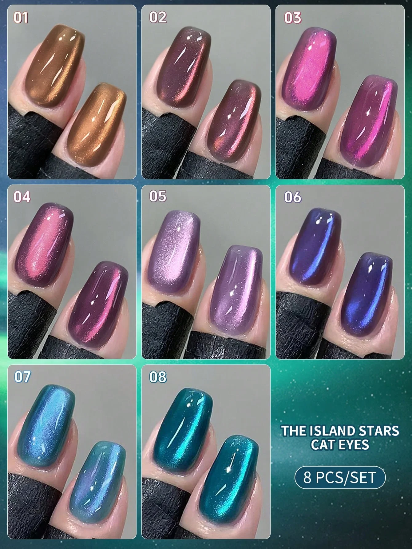 XEIJAYI 10ml 8-Farben The Island Stars Cat Eye Gel Nagellack - Langanhaltender Glanz Nagelkunst-Gel für Salon-Nageldesign DIY Frauengeschenke