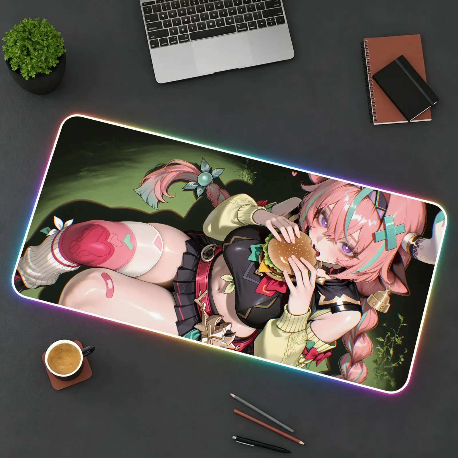 XXL RGB Glow Gaming Desk Pad,  Genshin Impact Varesa wearproof sewn border, anti-slip mat for desktop, bedroom & office use