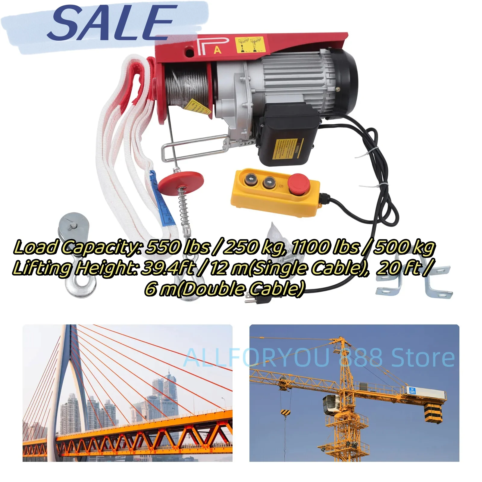 1100LBS 1050W Electric Hoist Winch Crane  With Wired Remote Control And 16.4ft/min (Double Cable) Lifting Speed