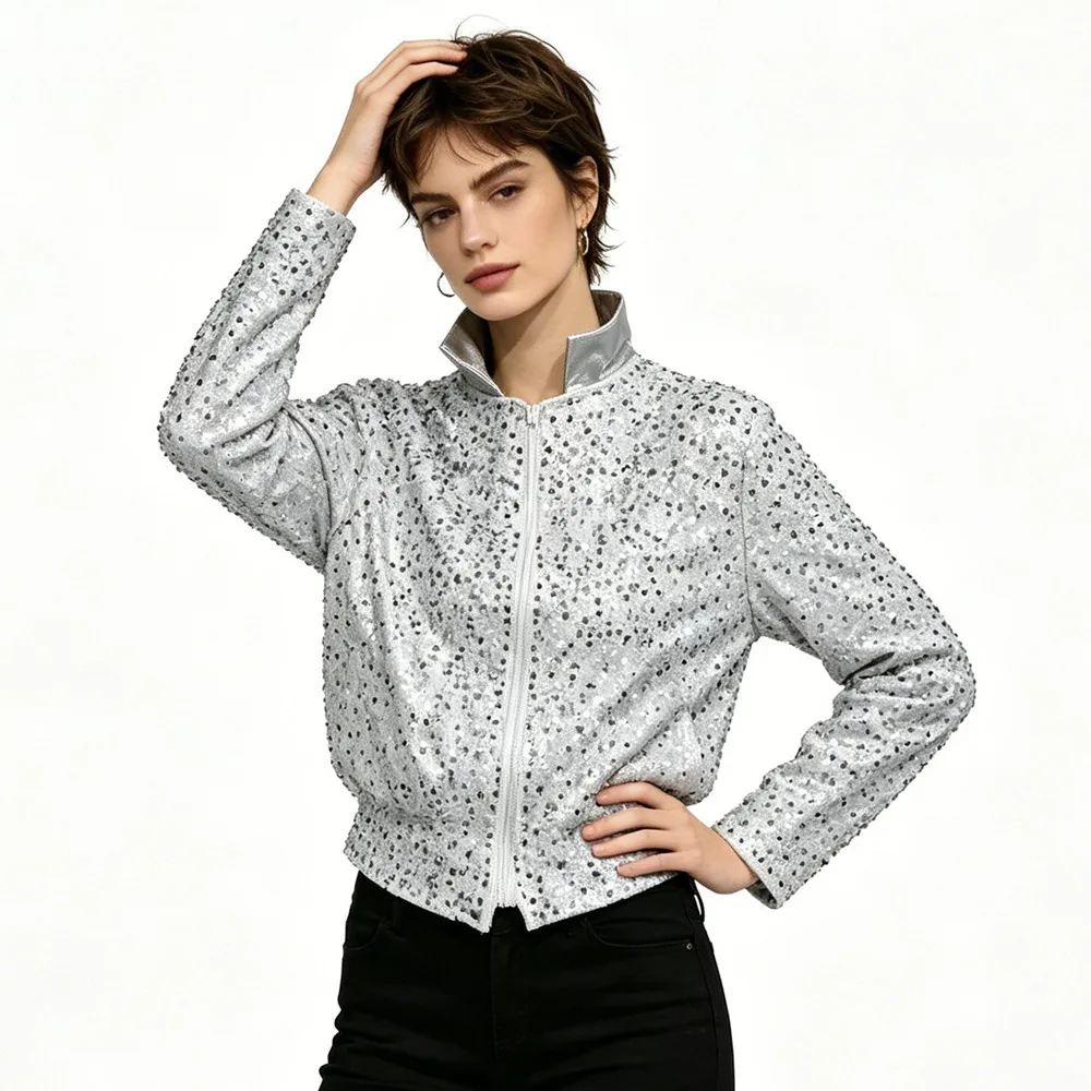 

Female Groups Jazz Dance Sequin Jacket Team Modern Dance Shiny Short Coat Silver White Velvet Sequined Stage Performance Costume