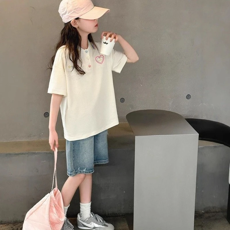 Girls Summer 2025 Polo Shirt Set Loose Short Sleeve Casual Outfit for Kids Toddler Daily Wear Holiday School Breathable Comfort