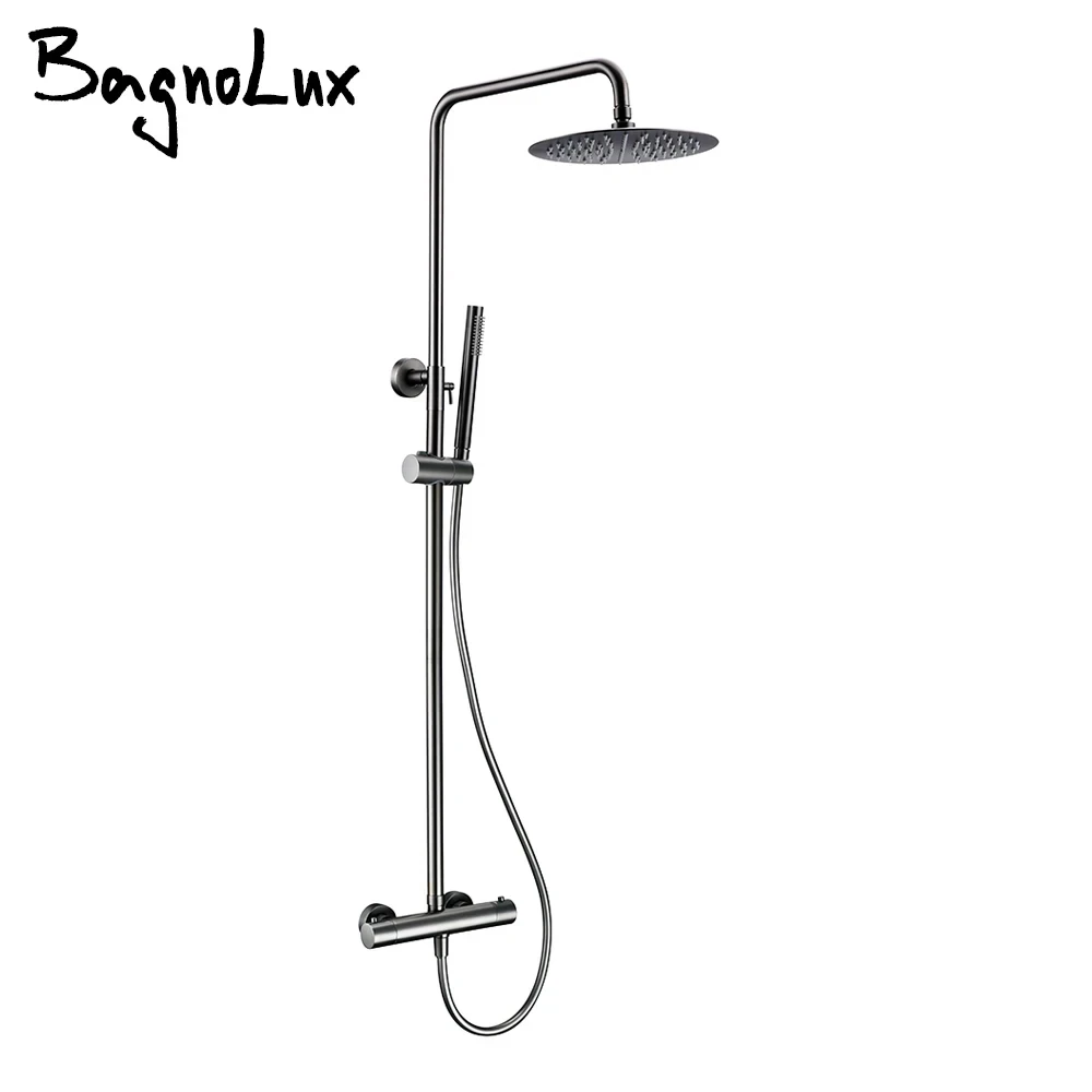 Thermostatic Shower Faucet  Rain Head 8 - 16 Inches Gunmetal Bathroom Shower Set  Adjustable Height Shower Arm /Rain Sky Support