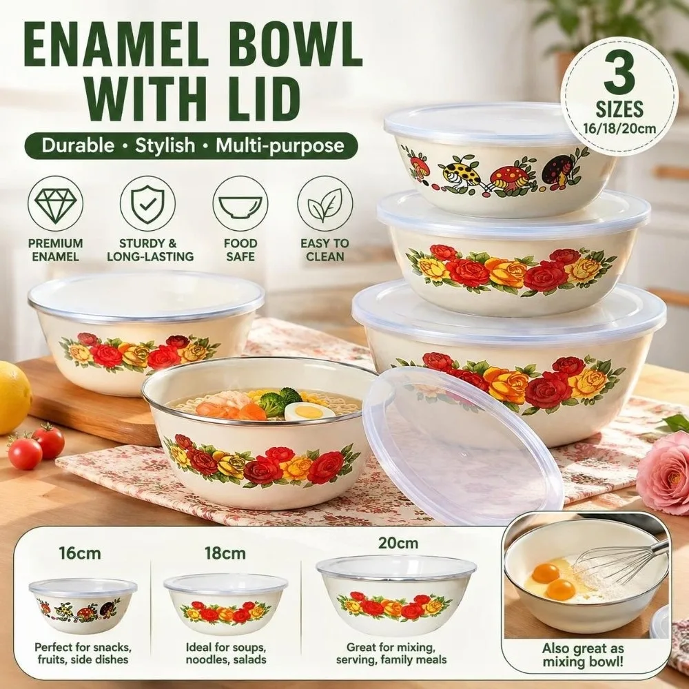 Chinese Rose Print Enamel Bowl Floral with Lid Instant Noodle Bowl Heatable Sealed Vegetable Preservation Boxes Home Kitchen