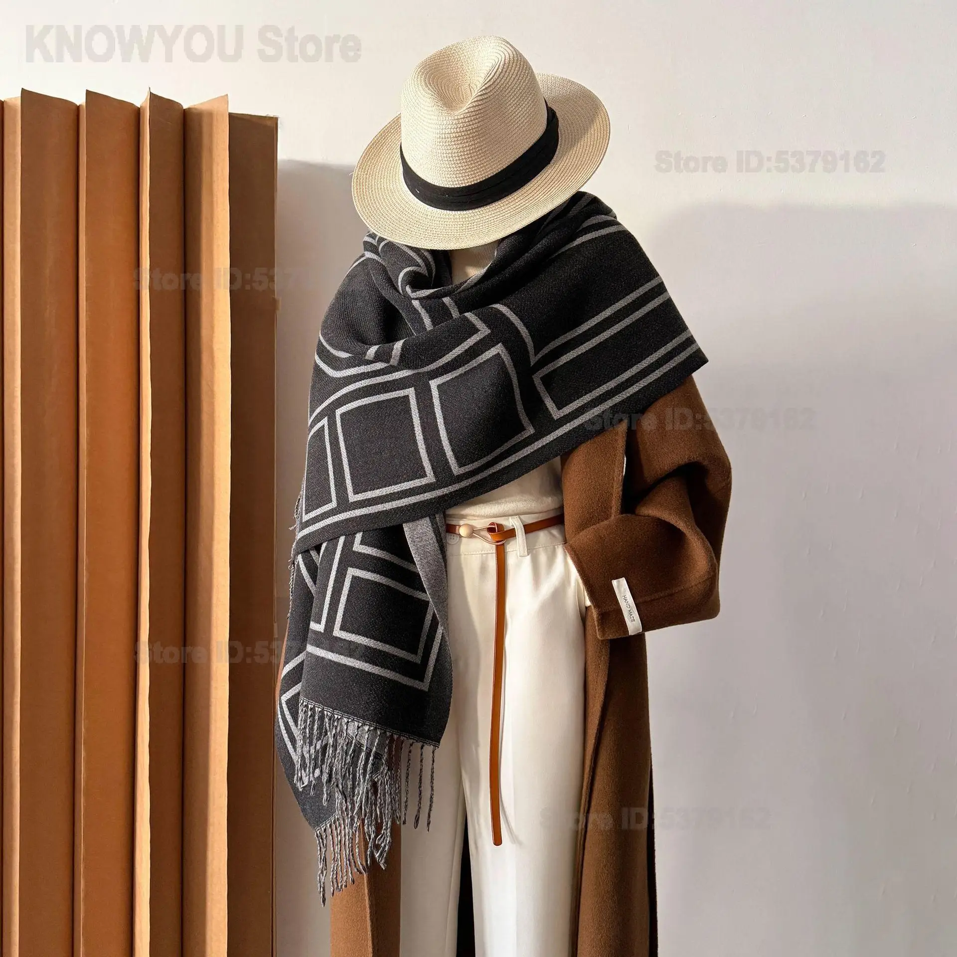 Autumn Winter Versatile Tassel Warm Shawl Coat Outer Wrap Women Vintage Border Letter Double Sided Faux Cashmere Scarf