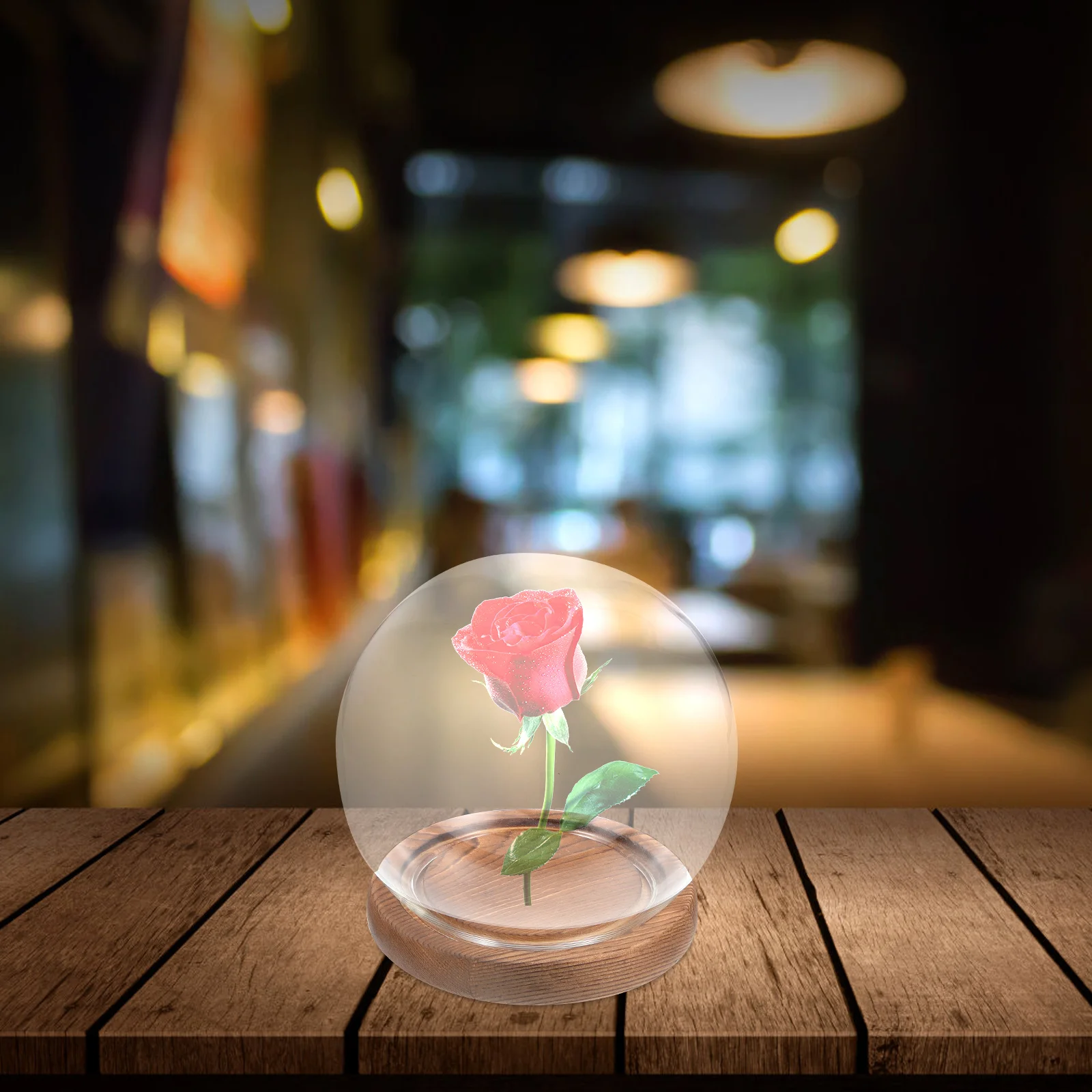 1Set Eternal Flower Glass Dome Round Shape Clear Display Case Vintage Wood Base Romantic Desktop Decor Valentine Gift