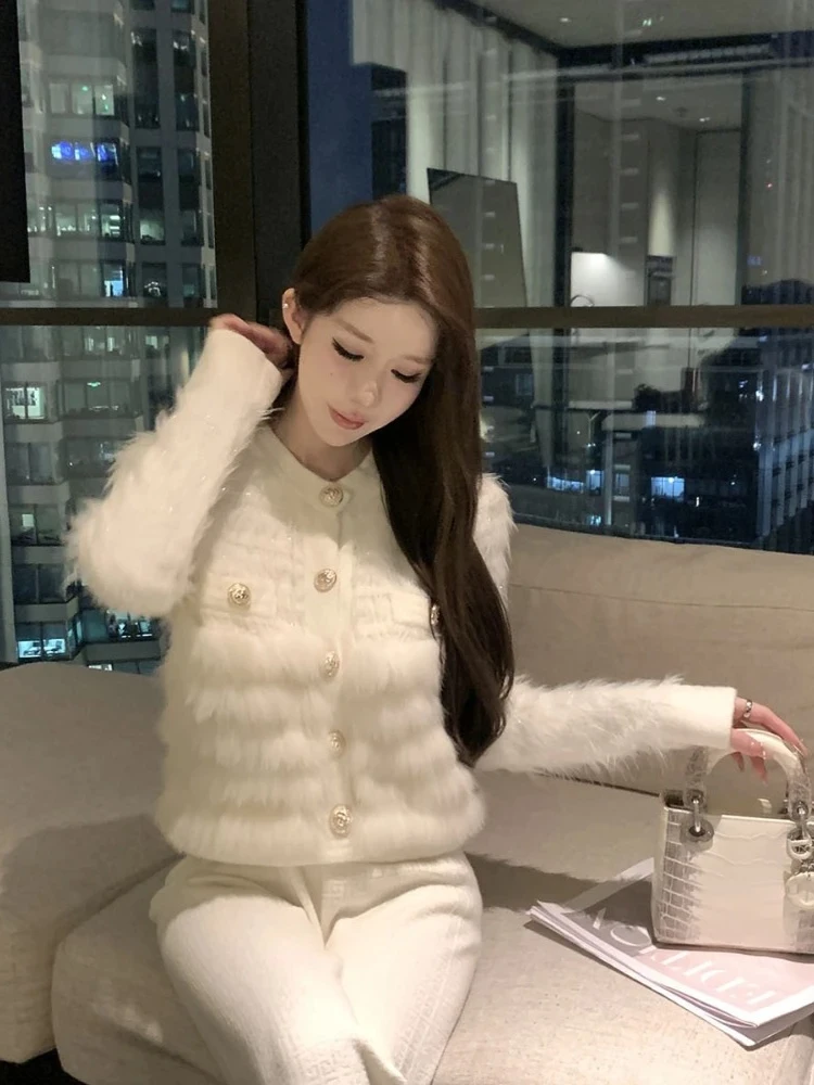 New Autumn Women Real Fox Fur Knitted Cardigan Jacket Luxury Fashion Knitting Sweater Coat Short Slim Female Top Clothing