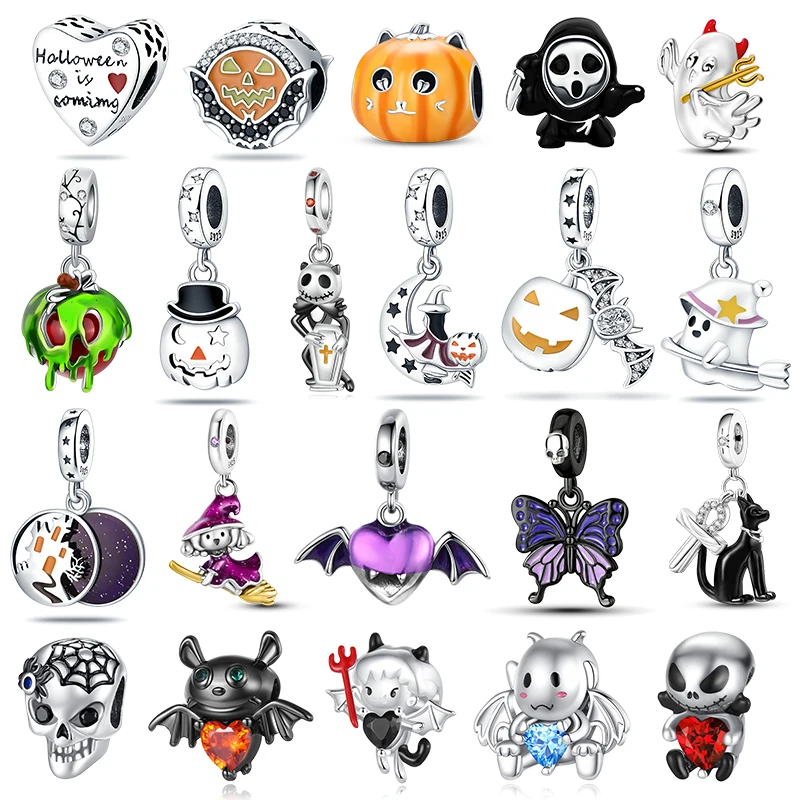 

925 Silver Halloween Skull Bat Pumpkin Boutique Pendant Fit Pandora Original Bracelet Charm Beads Necklace DIY Female Jewelry