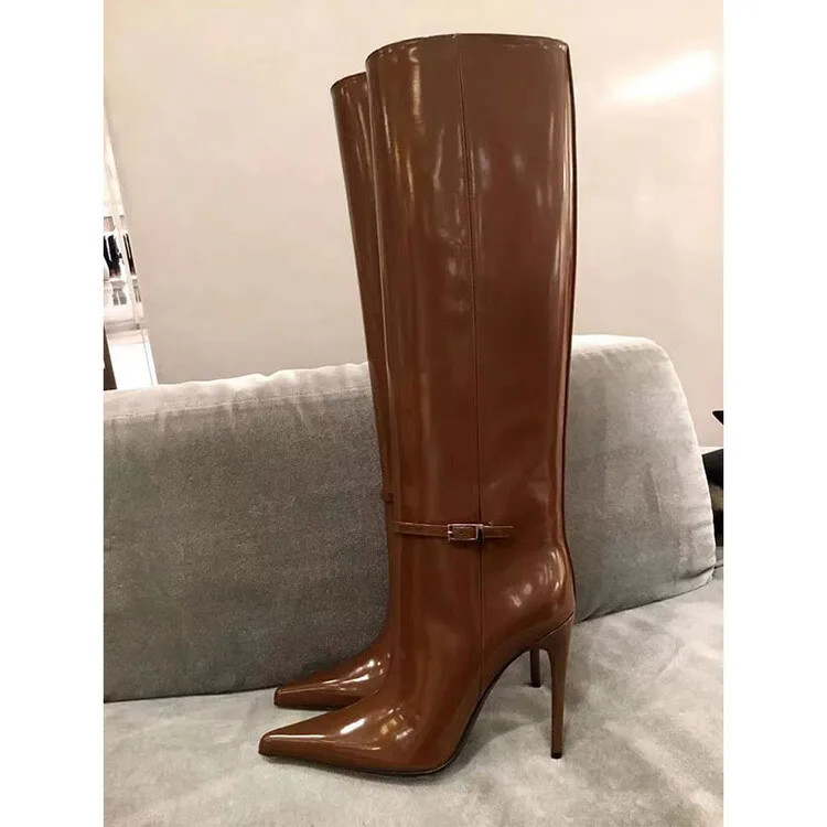 2024 Autumn New Fashion Sexy Solid Color Knee Boots Classic High Heels for Women Elegant Pointed Slip-on Big Size Shoes 43 44