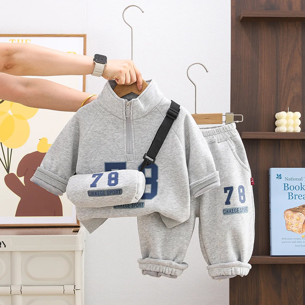 Boys Clothes Sets Winter Children Cotton Thick Sweatshirts Tops Pants 2pcs Sports Suit For Baby Warm Velvet Tracksuits Kids 4 5Y #3