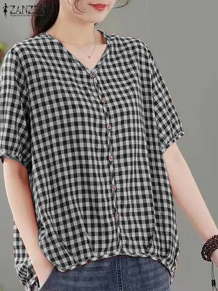 ZANZEA Checked Casual Shirt Plaid Loose Vintage Fashion Blusas Women V Neck Holiday Party Tunic Tops Summer Short Sleeve Blouse