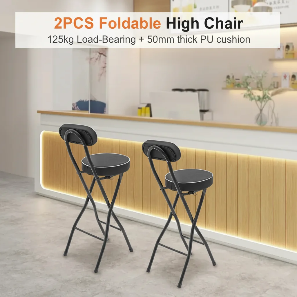 Chaise haute pliable, 2 pièces, tabouret de Bar à manger porteur de 125kg, tabouret rembourré rembourré de 50mm d'épaisseur pour salle à manger de Camping intérieure et extérieure